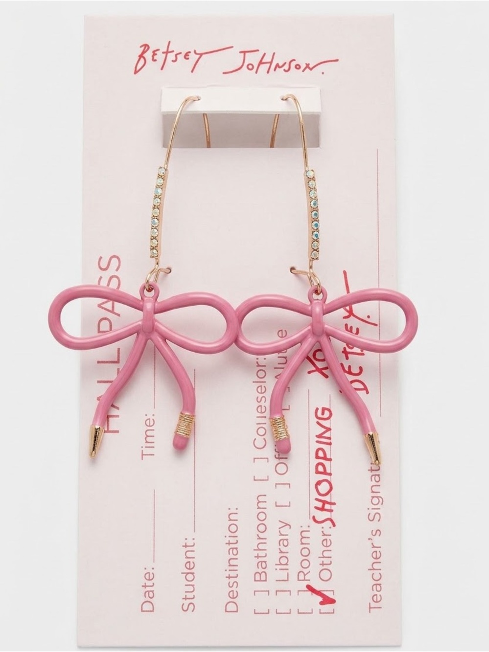 Betsey Johnson Pink Pencil bow earrings NWT